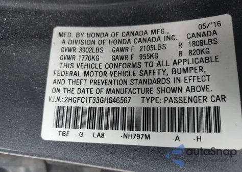 2016 Honda Civic Ex-T из США, поврежденный, VIN 2HGFC1F33GH646567